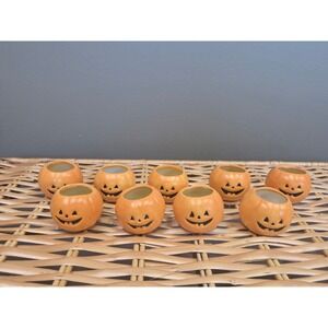 Vintage Handmade Set 9 Ceramic Jack O Lantern Pumpkins Halloween Folk Art Decor